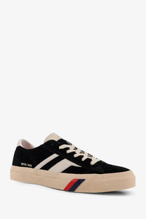 Pro-keds men’s royal classic suede sneakers black low-top with white stripes and beige sole with red and blue accents