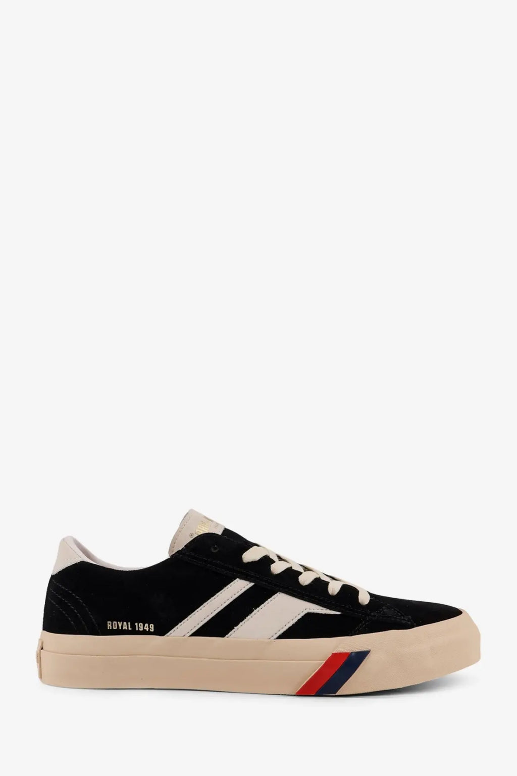Pro-Keds men’s royal classic suede sneakers black low-top with white stripes and beige sole with red and blue accents