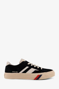Pro-Keds men’s royal classic suede sneakers black low-top with white stripes and beige sole with red and blue accents