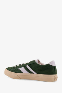 Pro-Keds men’s royal classic suede low-top sneaker in dark green with white stripes and beige rubber sole