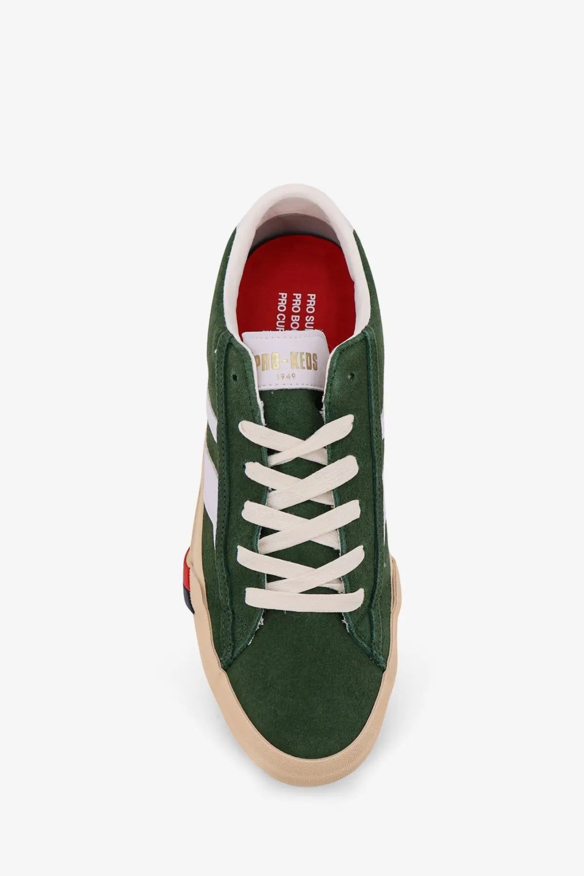 Pro-keds men’s royal classic suede sneaker in dark green with white laces beige sole and red interior lining