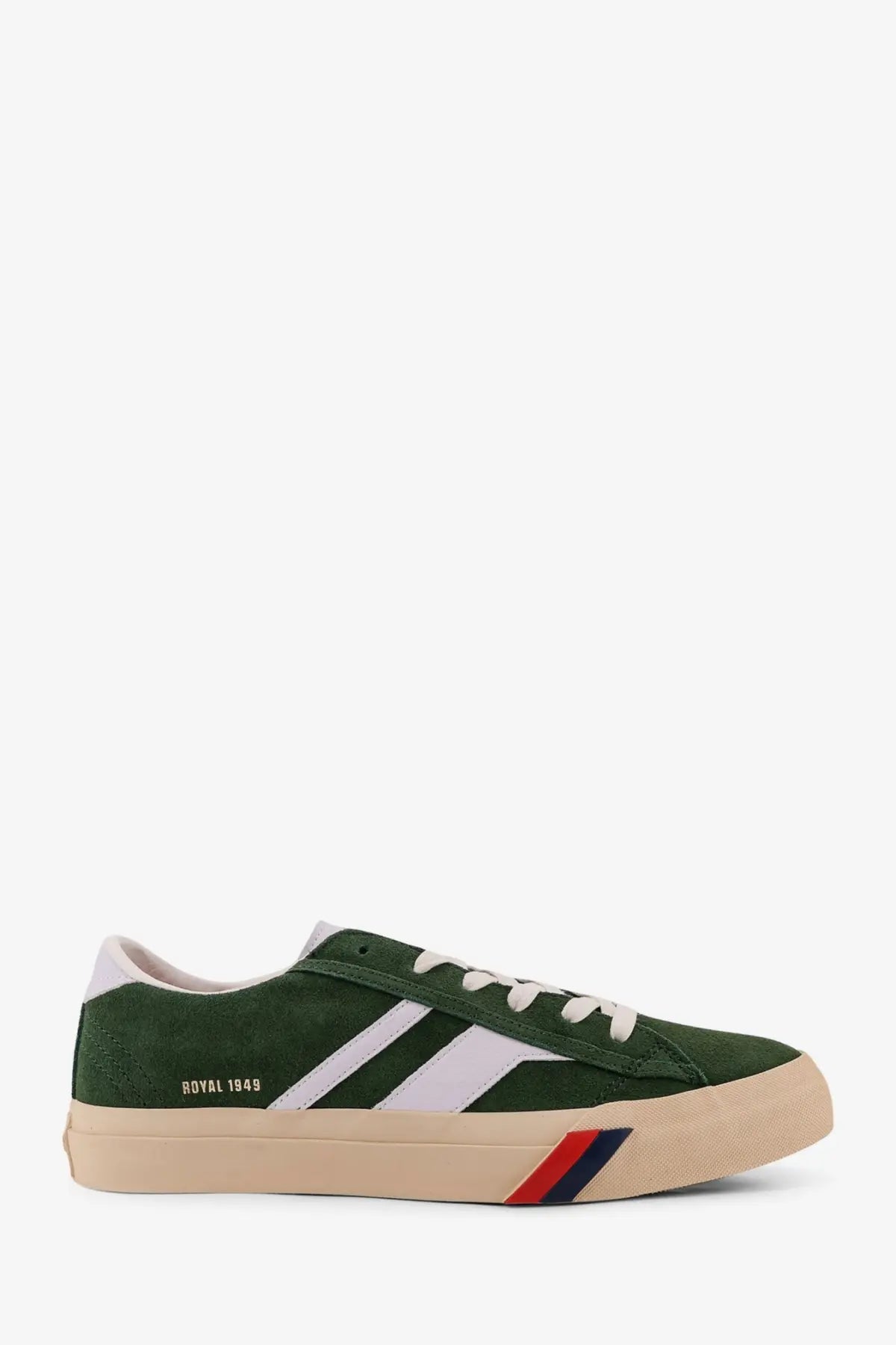 Pro-Keds men’s royal classic suede sneakers in dark green with white stripes and beige rubber sole with red and blue accents