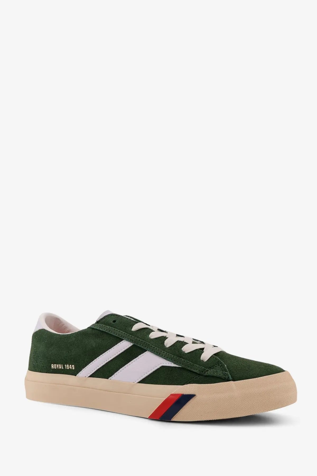 Pro-Keds men’s royal classic suede sneaker in dark green with white stripes and beige sole with red and blue accents