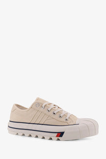 Beige canvas low-top pro-keds men’s royal intrepid sneaker with chunky white sole and navy red heel branding back view