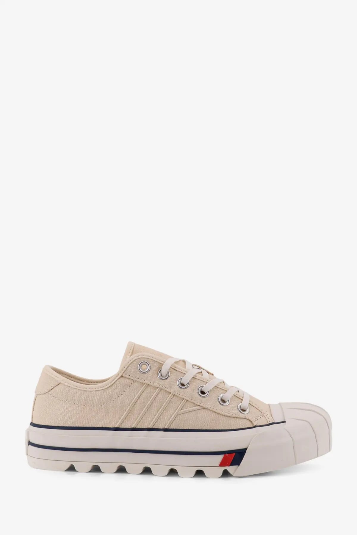 Pro-Keds men’s royal intrepid beige canvas low-top sneaker with chunky white platform sole and navy trim featuring Tommy Hilfiger logo
