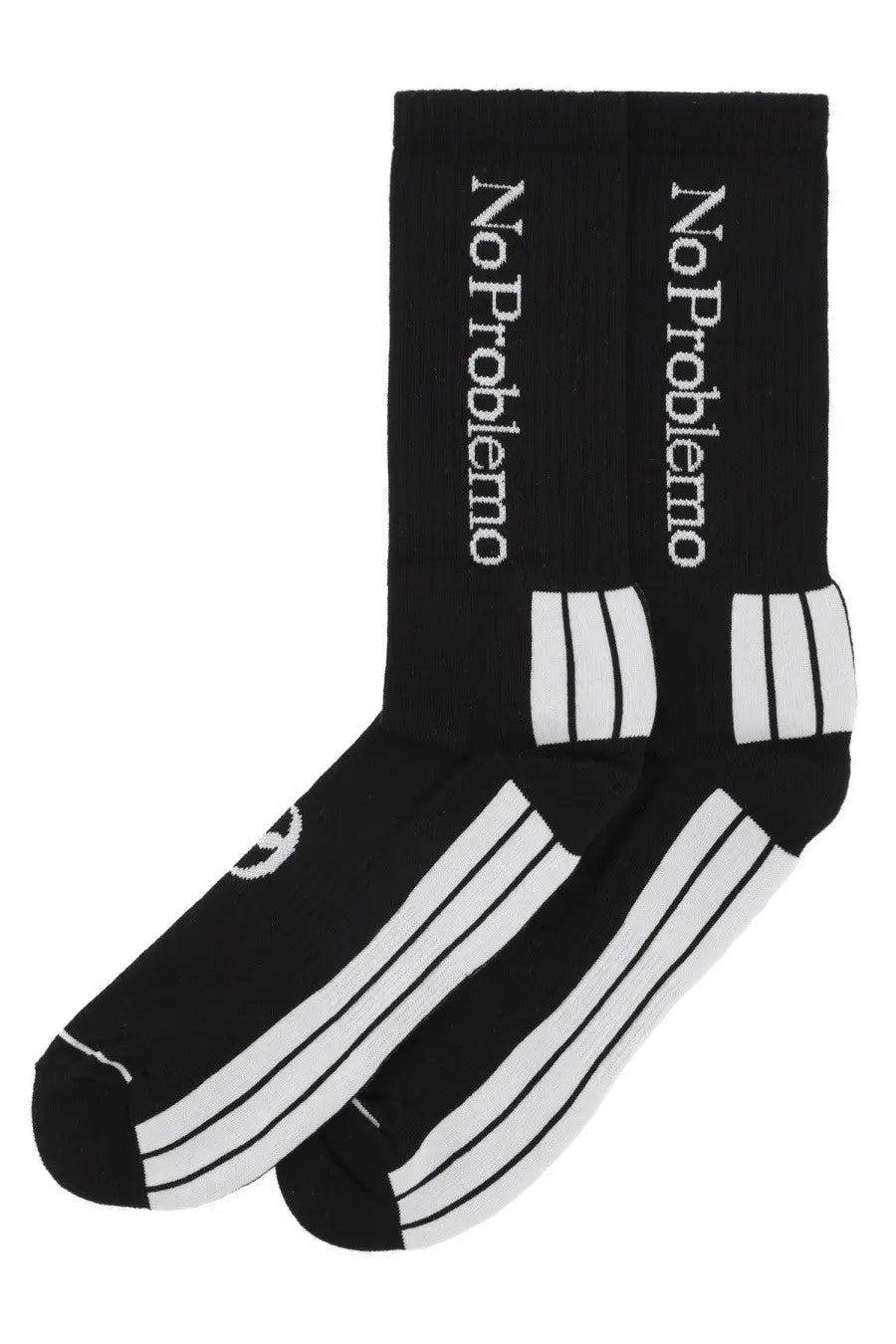No Problemo men’s black crew socks with white vertical stripes and no problem text on cuff featuring minimalist design