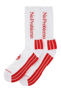 No problemo men’s white crew socks with bold red vertical stripes and no problem printed on the cuff
