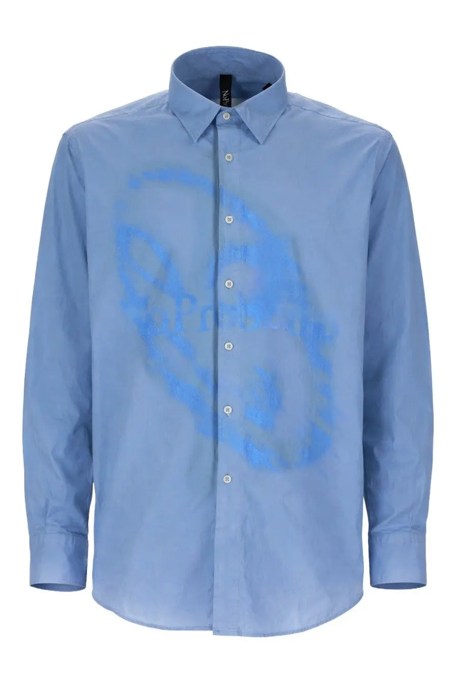 Light blue long-sleeved button-down shirt with faded semi-transparent graphic print on chest no problemo men’s camicia con stampa blue