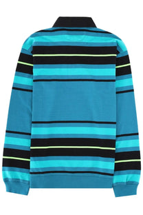 No problemo men’s long-sleeved polo shirt with blue black stripes and neon green accents made of soft cotton