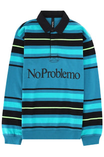 No Problemo men’s long-sleeve polo shirt in blue and black stripes with neon yellow accents and logo on the chest
