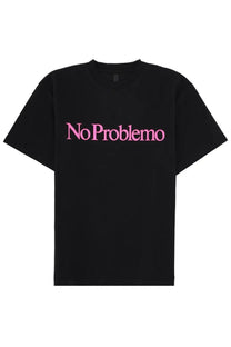Black cotton men’s t-shirt with bold pink no problemo text across the chest in the no problemo con black style
