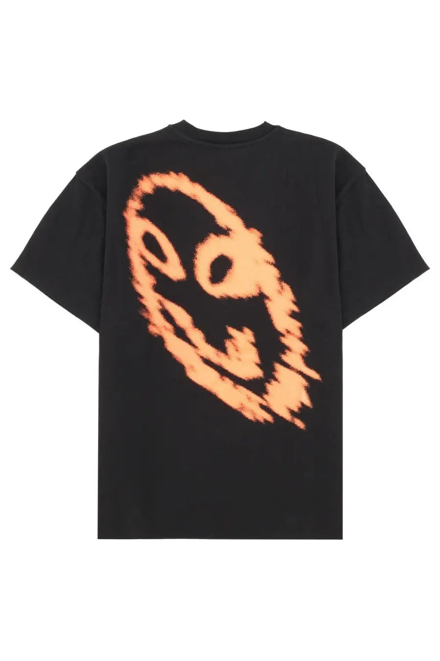 Black short-sleeved no problemo men’s t-shirt with bold orange tie-dye smiley face graphic on the back