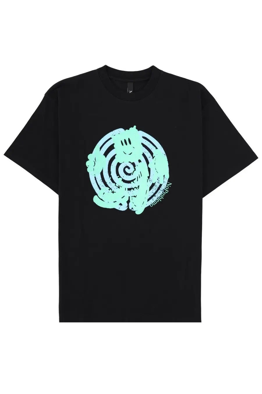 No Problemo men’s black short-sleeved t-shirt with mint green spiral abstract graphic on front