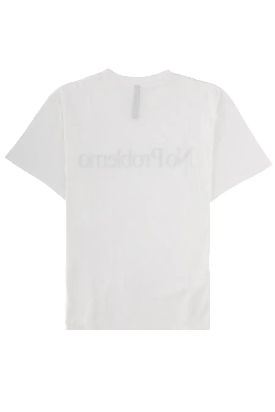 No Problemo men’s white short-sleeved t-shirt with subtle light gray embroidered logo across the chest