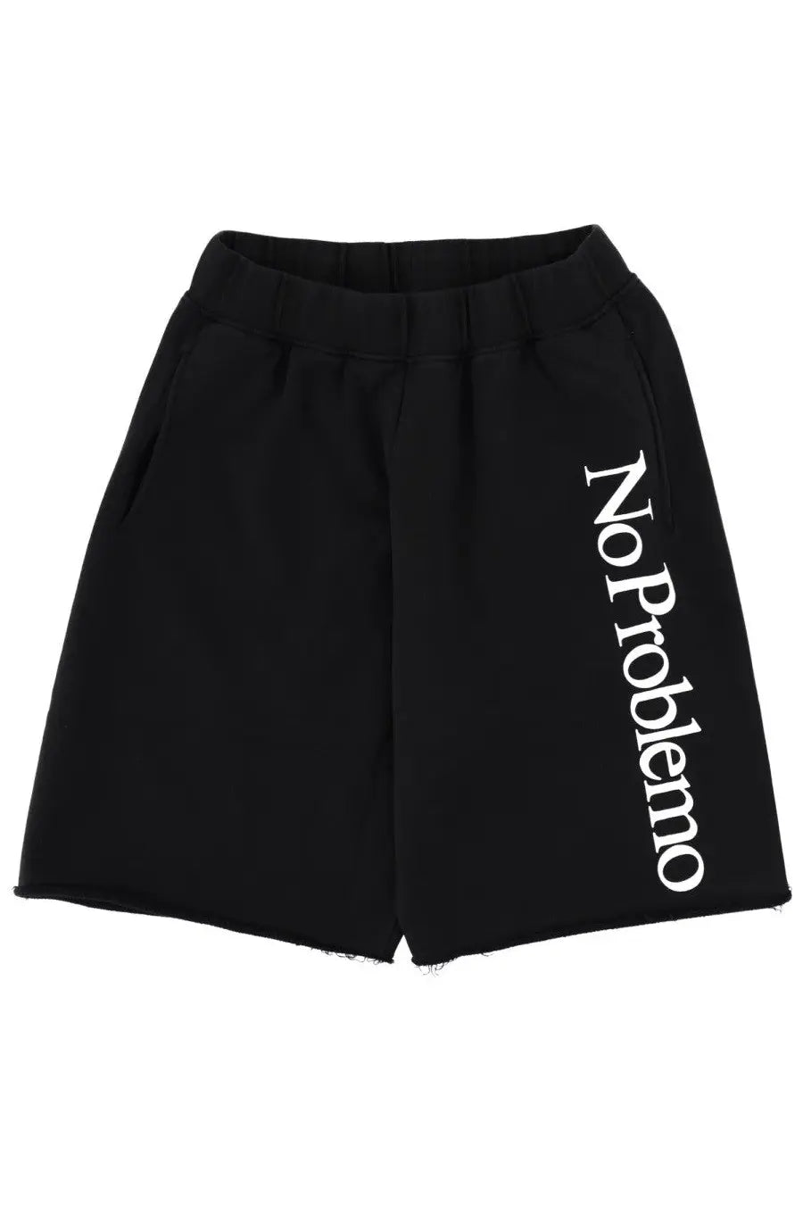 No Problemo men’s black sweat shorts with white no problem text vertically down the side in casual style