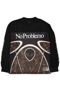 No Problemo unisex black long sleeve moto sweatshirt with camouflage alien face graphic and no problemo text on chest