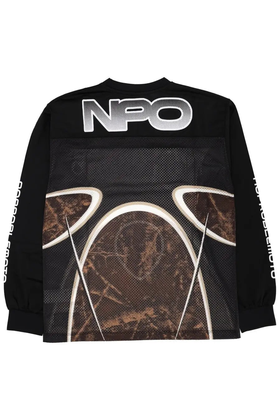 Black long-sleeve no problemo unisex sweatshirt with abstract brown white dog graphic mesh panels and silver npo branding on back