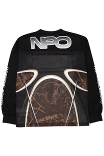 Black long-sleeve no problemo unisex sweatshirt with abstract brown white dog graphic mesh panels and silver npo branding on back