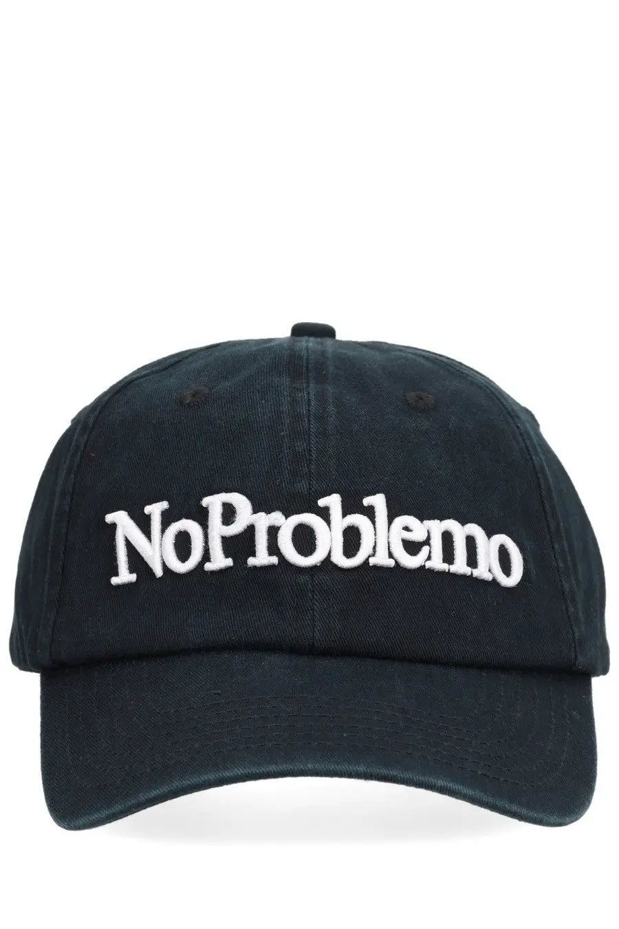 Black cotton no problemo unisex baseball cap with white embroidered text on the front in black color