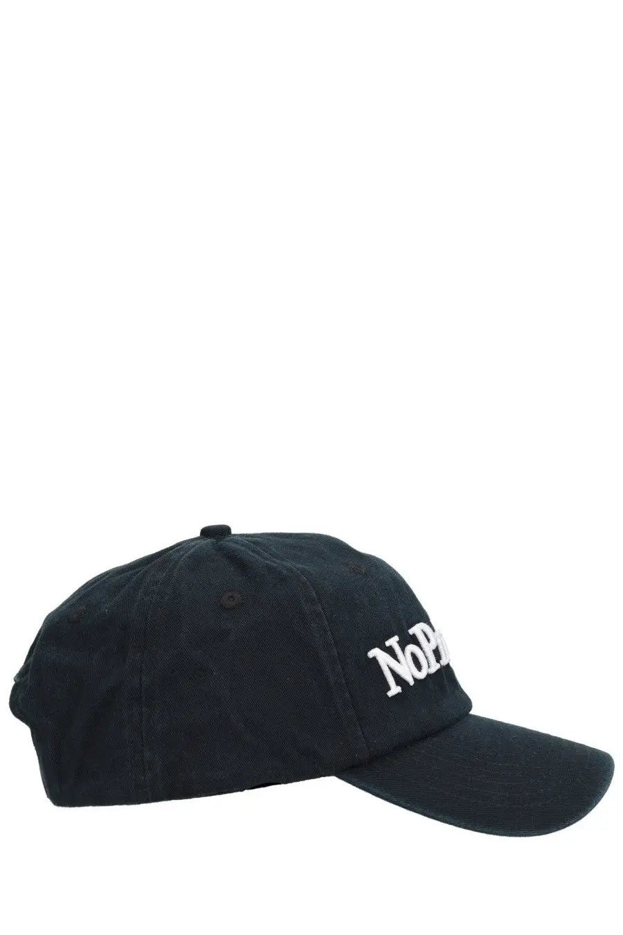 Black cotton no problemo unisex baseball cap with white embroidered nop logo on front