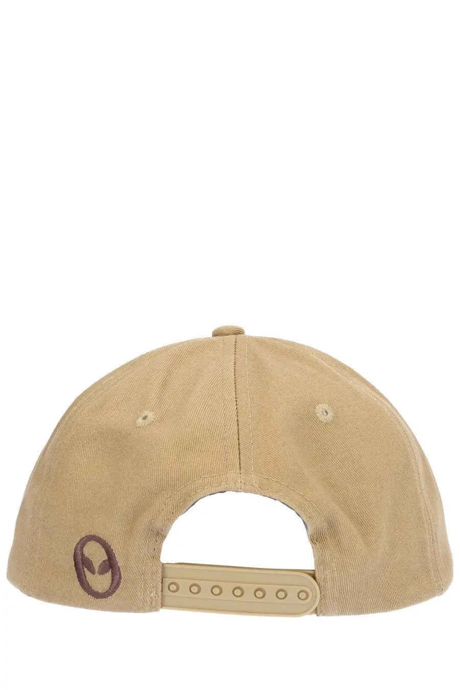 Beige no problemo unisex baseball cap with subtle embroidered alien logo on left side in brown fabric