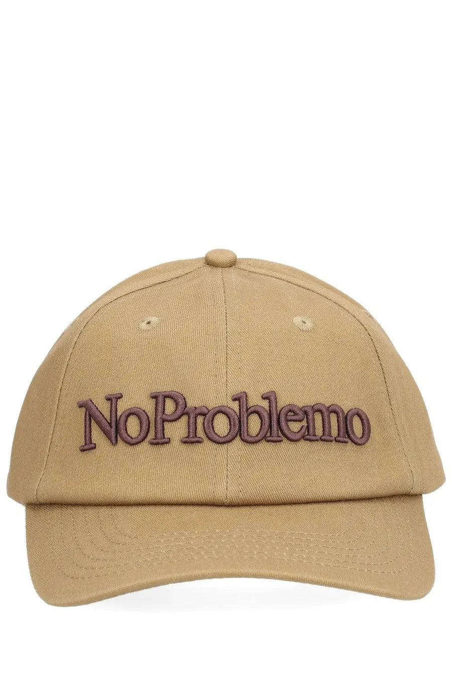Tan cotton no problemo unisex baseball cap with dark brown embroidered lettering for casual wear