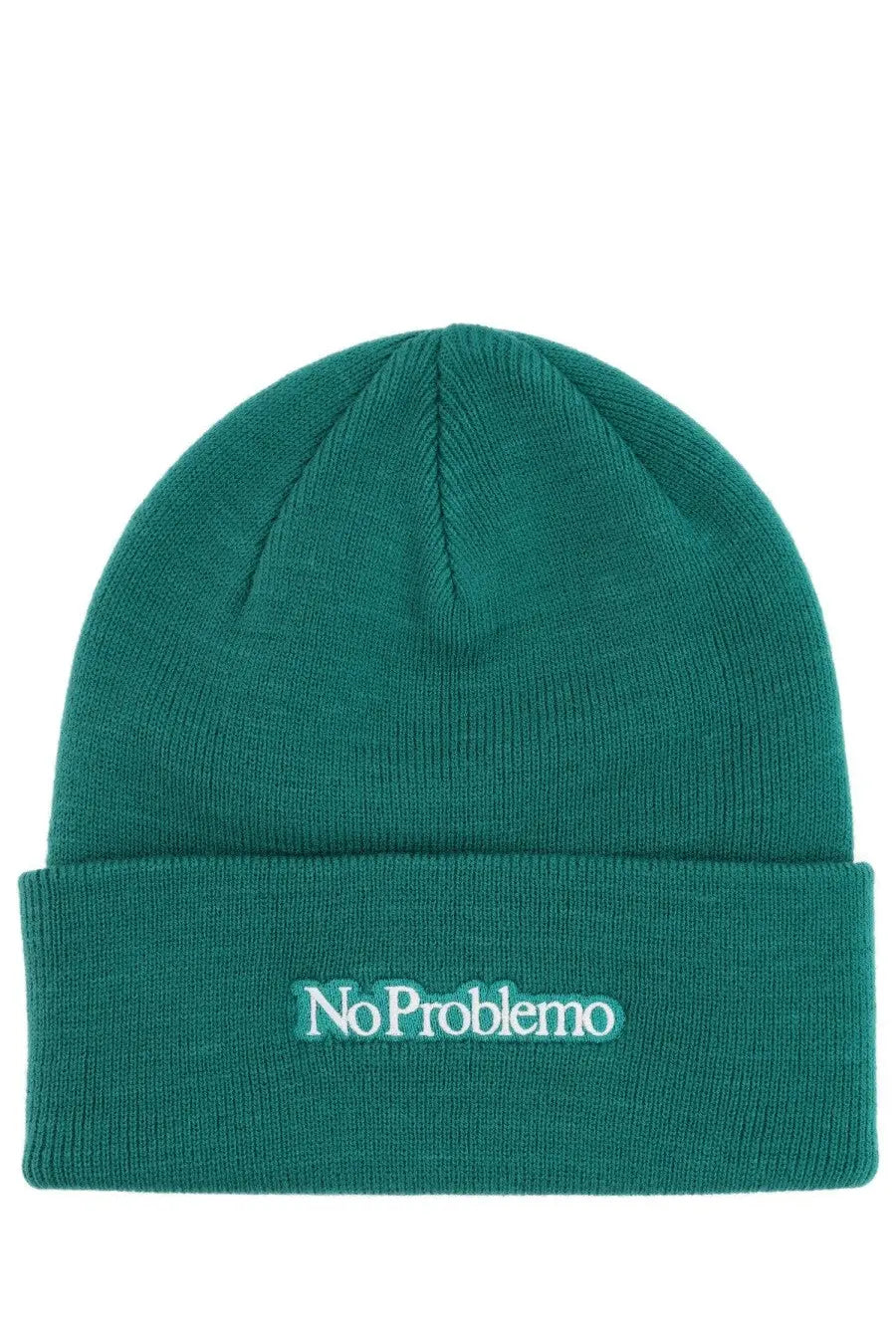 Teal knit unisex cap with folded cuff featuring white embroidered no problemo text in green color