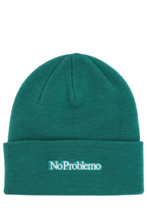 Teal knit unisex cap with folded cuff featuring white embroidered no problemo text in green color