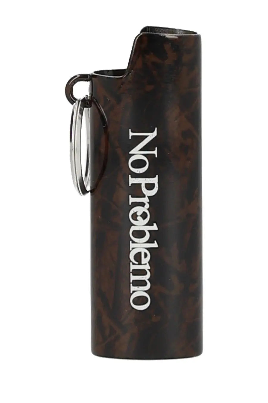 A dark brown tortoiseshell lighter with silver key ring and white noproblem text from no problemo unisex lighter case green