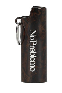 A dark brown tortoiseshell lighter with silver key ring and white noproblem text from no problemo unisex lighter case green
