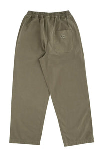Back view of no problemo unisex pants green olive green cotton trousers with elastic waistband and patch pocket