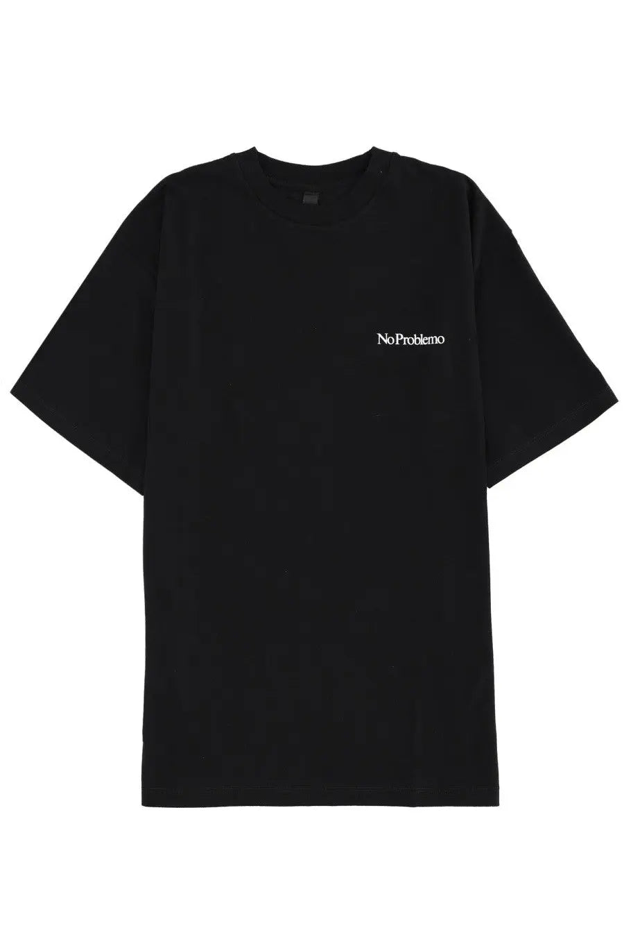 Black short-sleeved no problemo unisex shirt featuring white embroidered text on the left chest for casual wear