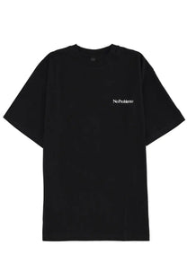 Black short-sleeved no problemo unisex shirt featuring white embroidered text on the left chest for casual wear