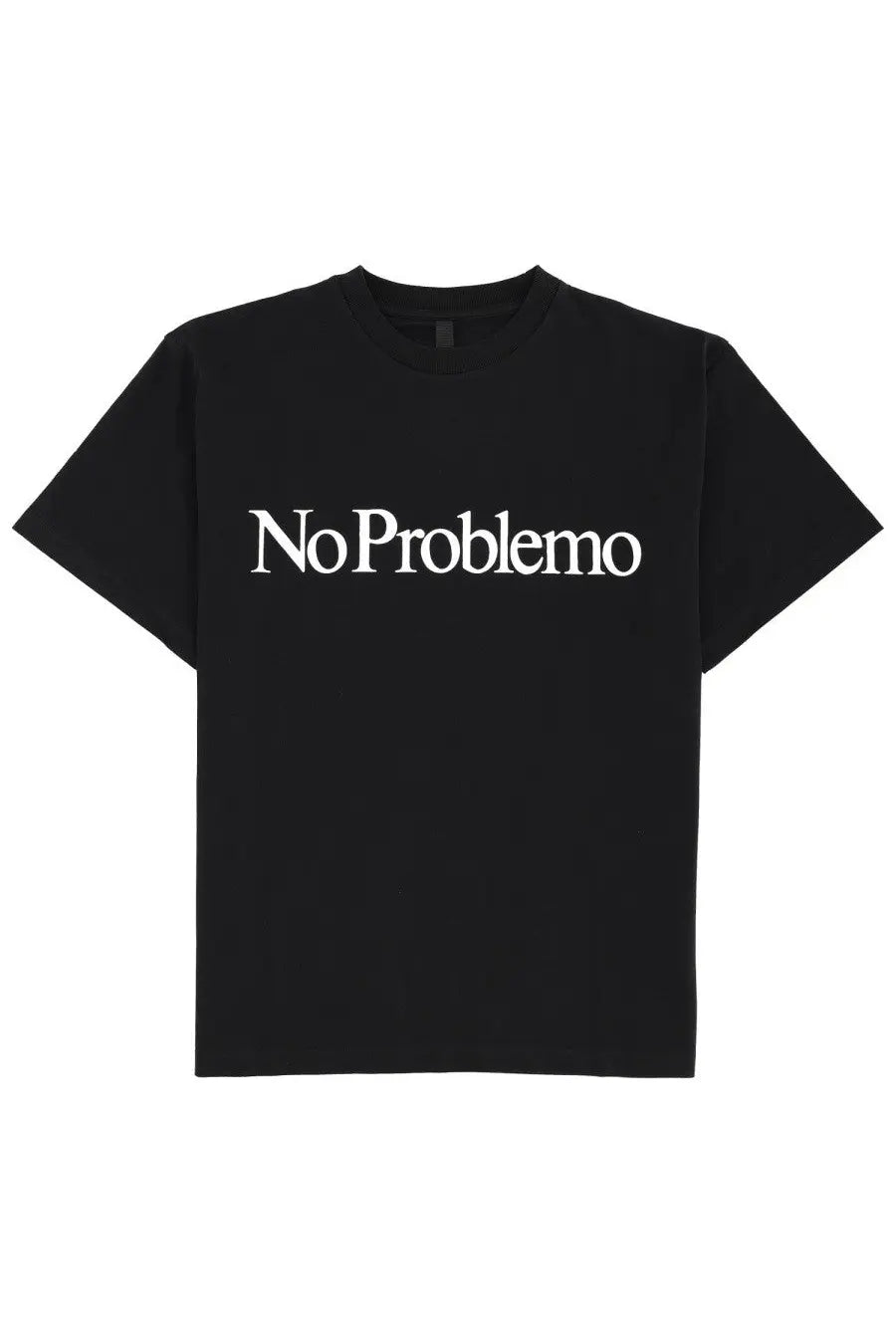 Black short-sleeved unisex t-shirt with no problemo printed in white serif font across the chest