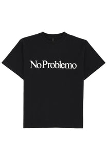 Black short-sleeved unisex t-shirt with no problemo printed in white serif font across the chest