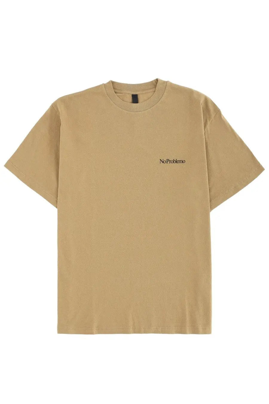 Beige short-sleeved unisex t-shirt with small black no problemo embroidery on left chest in brown shade