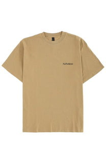 Beige short-sleeved unisex t-shirt with small black no problemo embroidery on left chest in brown shade