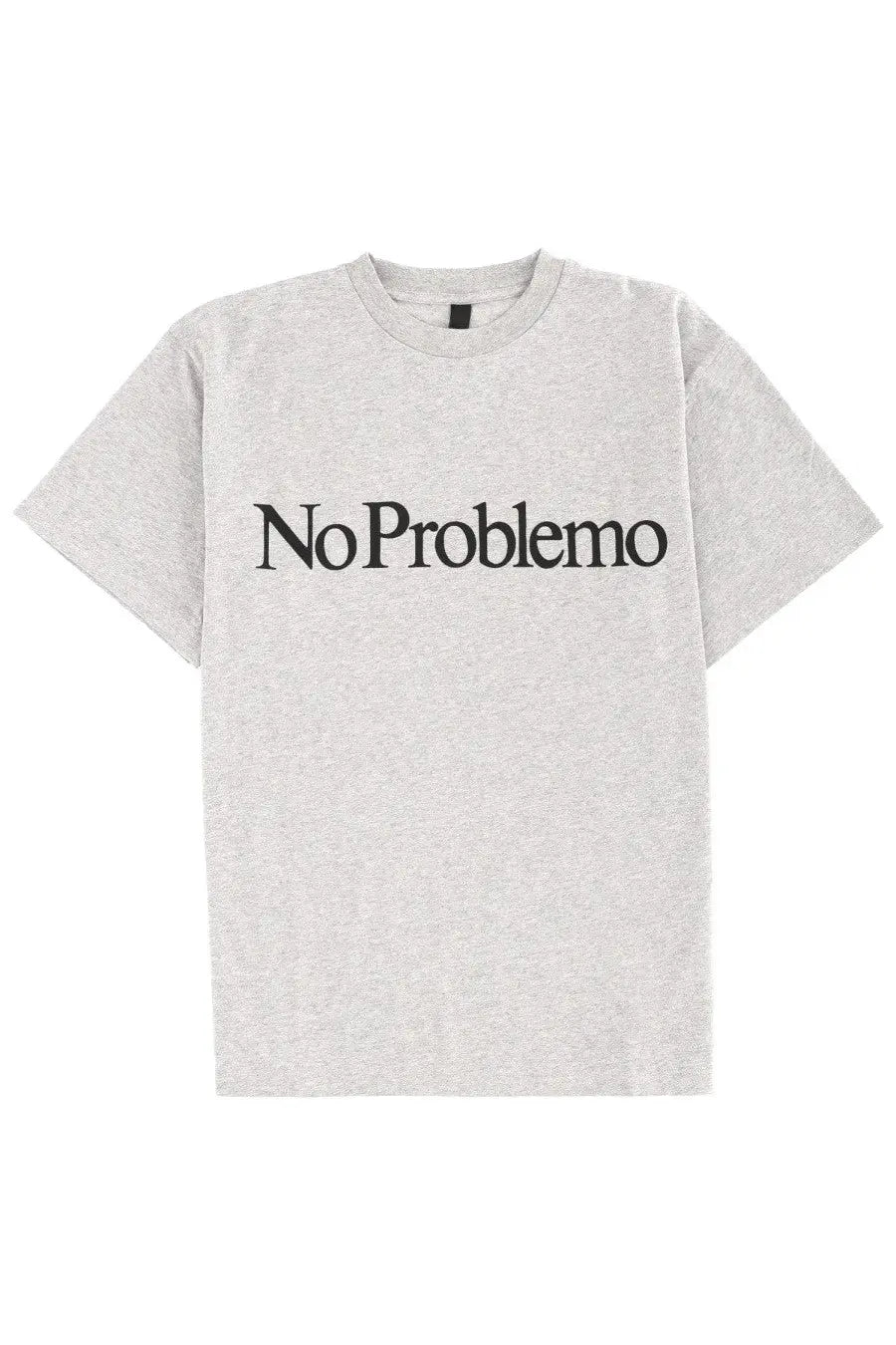 Heather gray short-sleeved unisex shirt with no problemo printed in bold black serif font across the chest
