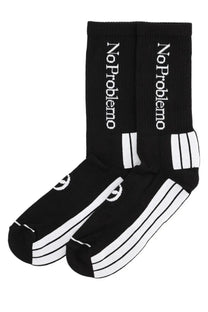 No Problemo unisex black athletic socks with white no problemo text three ankle stripes and circular toe logo