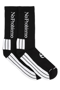 No problemo unisex black crew socks with white no problem text three stripes and small logo near the toe