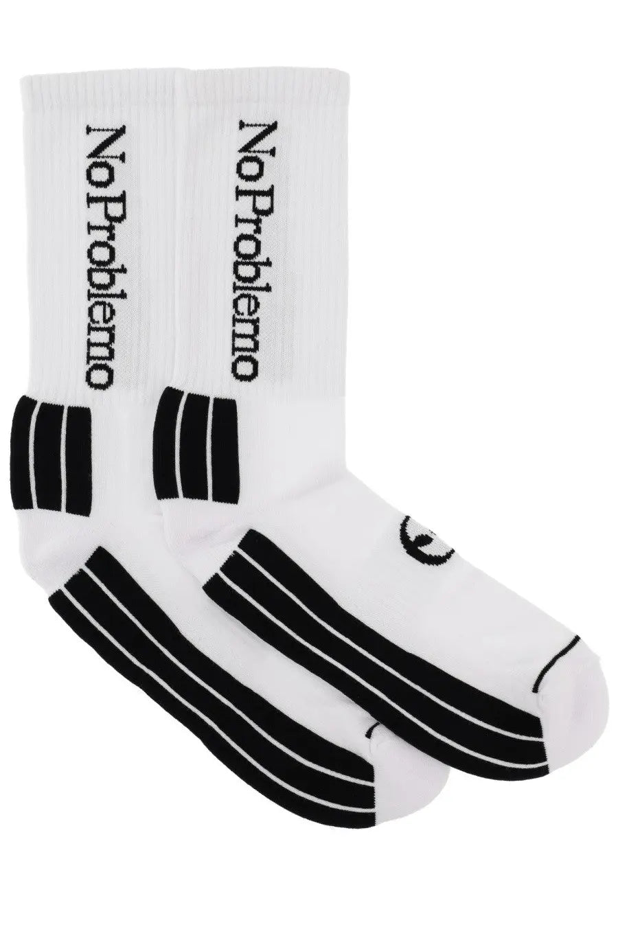 White crew socks with black no problemo text and striped accents in a minimalist unisex design