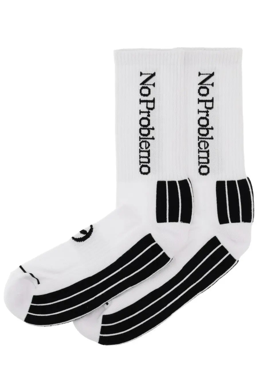 No Problemo unisex white crew socks with black no problem text, three ankle stripes, and a smiley face logo near toe
