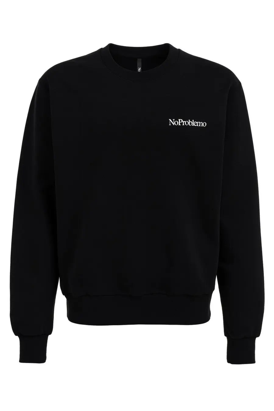 Black unisex crewneck sweatshirt with white noproblemo embroidery on the left chest for casual wear