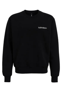Black unisex crewneck sweatshirt with white noproblemo embroidery on the left chest for casual wear