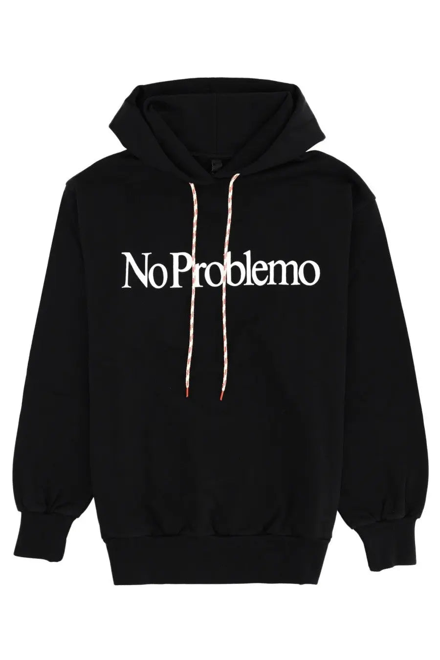 Black unisex hoodie sweatshirt with white no problemo text across the chest and matching drawstrings