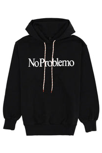 Black unisex hoodie sweatshirt with white no problemo text across the chest and matching drawstrings