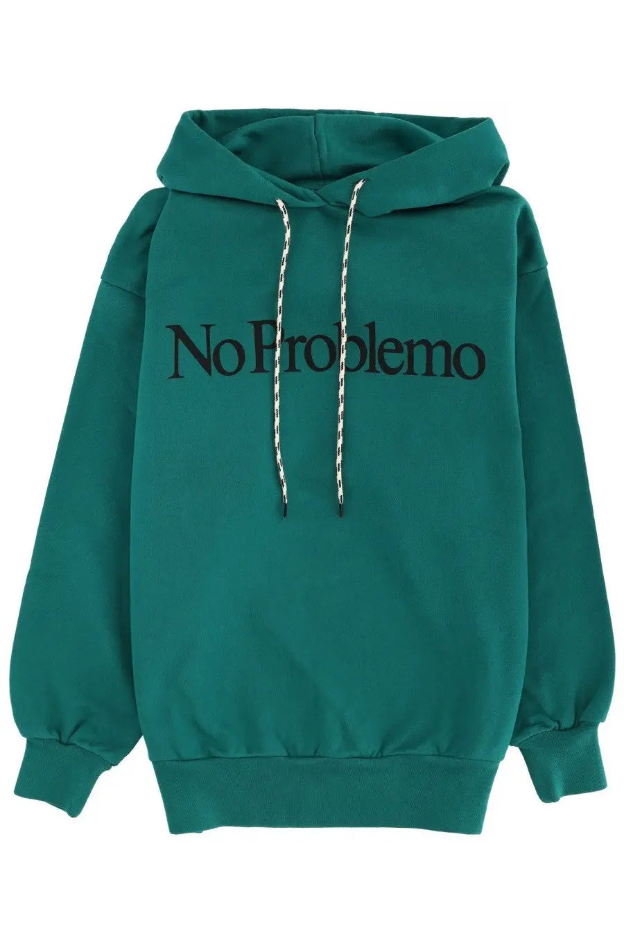 Teal green unisex hooded sweatshirt with black no problemo lettering and striped drawstrings on the chest