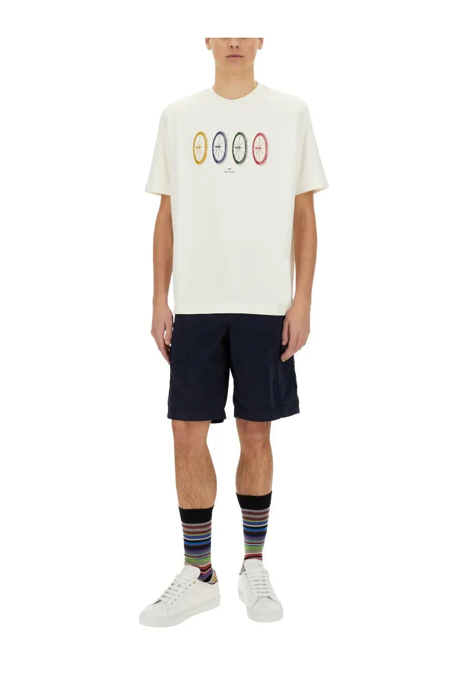 White cotton t-shirt featuring colorful bicycle wheel graphics across the chest from ps by paul smith men’s bermuda cargo blue