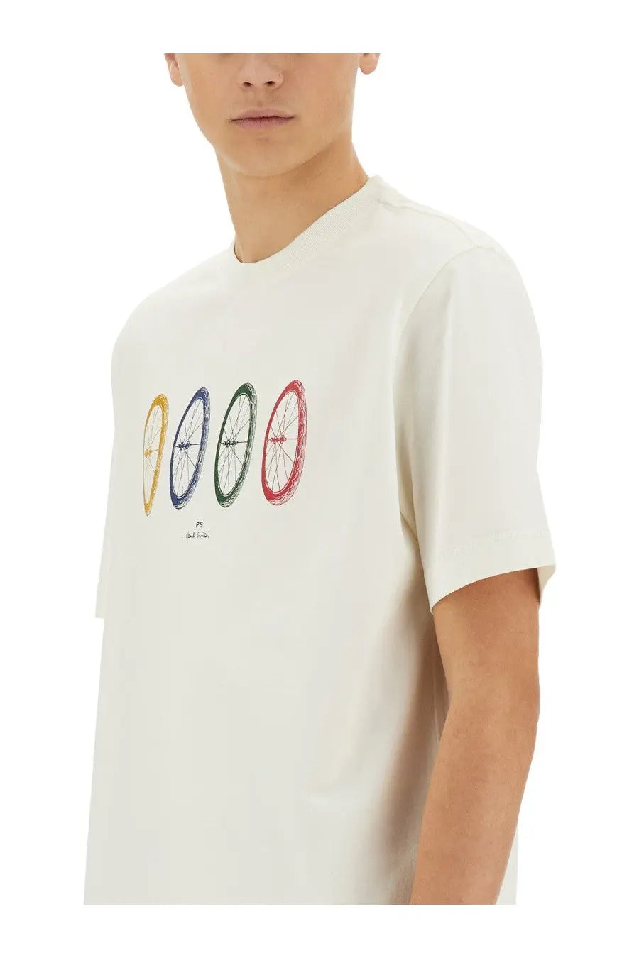 Off-white cotton ps by paul smith men’s bike tyres shirt with colorful yellow blue green and red bicycle wheel graphics