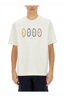 Ps by paul smith men’s off-white short-sleeved t-shirt with colorful bicycle wheel graphic in yellow blue green and red